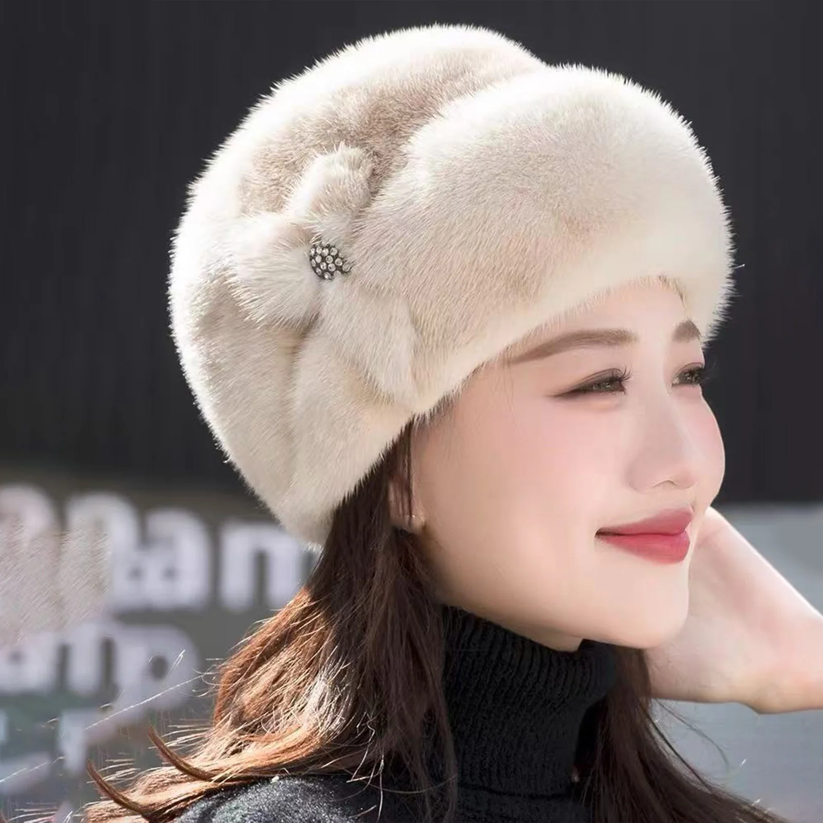 قبعة شتوية نسائية من المينك الصناعي، قبعة صغيرة مرنة دافئة أنيقة للأم، قبعة جمجمة ناعمة قابلة للتمدد للسيدات في منتصف العمر وكبار السن