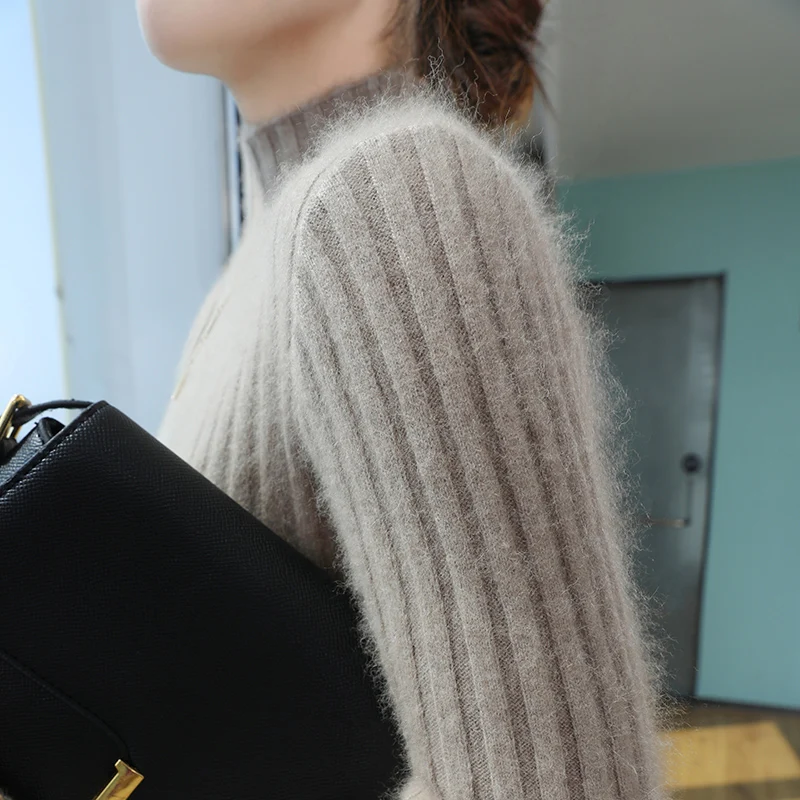 Women\'s Slim Fit Cashmere Sweater, Autumn And Winter Thick 100% Mink Fur Knitted Sweater, Semi High Neck Slimming Clothing DBR12