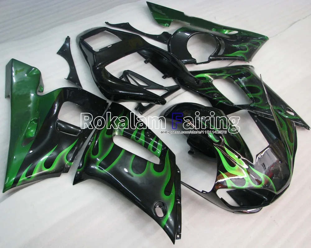 

For Yamaha YZF R6 1998 1999 2000 2001 2002 YZFR6 YZF-R6 green flames black bodywork Fairing Kit (Injection molding)