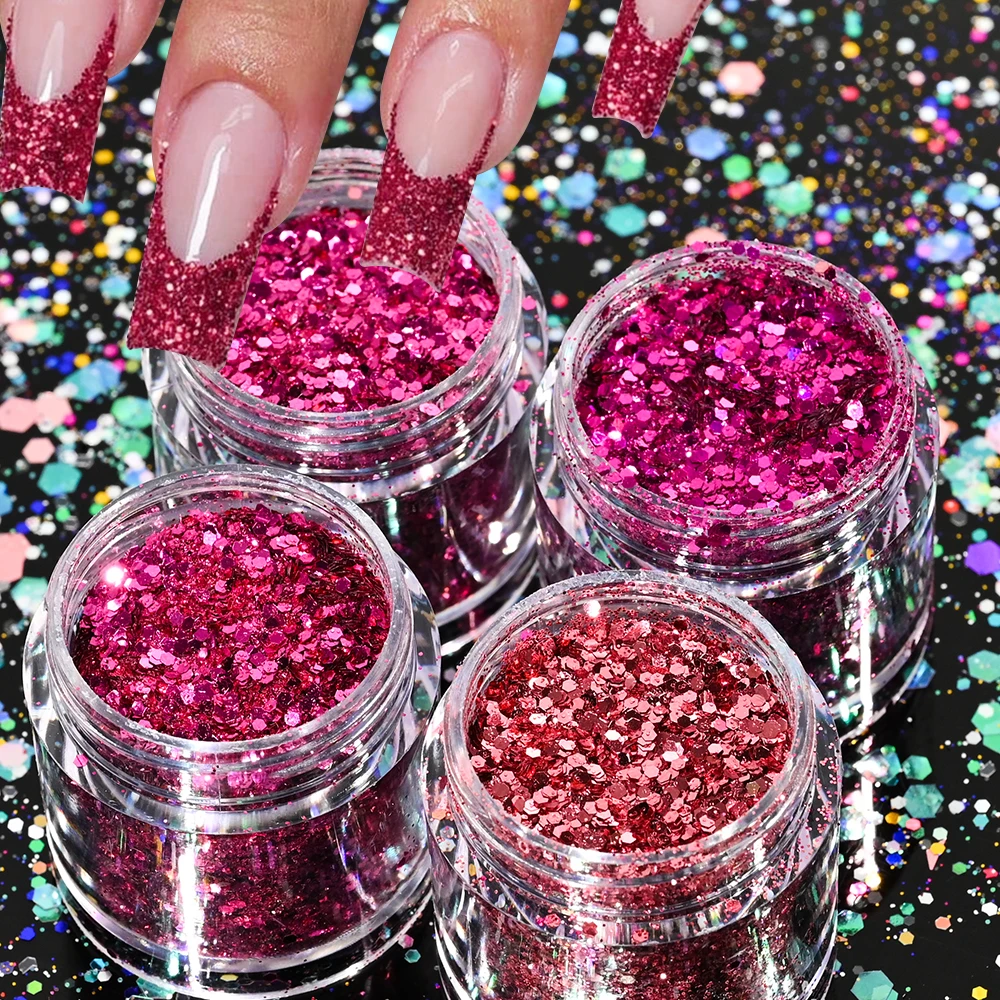 3/4/5 stuks gemengde laser zeshoek glitter nagelpoeder holografische dikke zeshoek pailletten gradiënt pigment stof set nagelaccessoires *