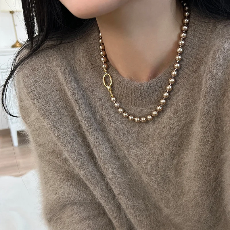 Minar 2024 New 8 10mm Champagne Color Simulated Pearl Beaded Necklaces for Women Femme Toggle Clasp Beads Long Sweater Chain