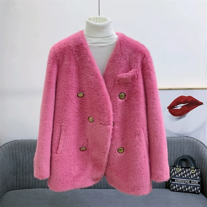 2023 Winter Jackets Women Imitation Mink Fur Faux Fur Coat Fabric Thick Warm Outerwear Oversize Fashion Streetwear V-neck Coats