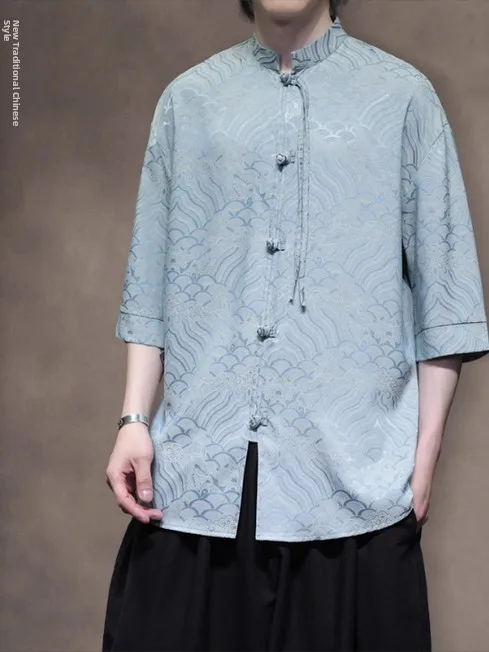 

Новая китайская тонкая рубашка с облачным узором, повседневный костюм в стиле Тан, дышащая свободная рубашка с длинным рукавом из ледяного шелка для мужчин больших размеров