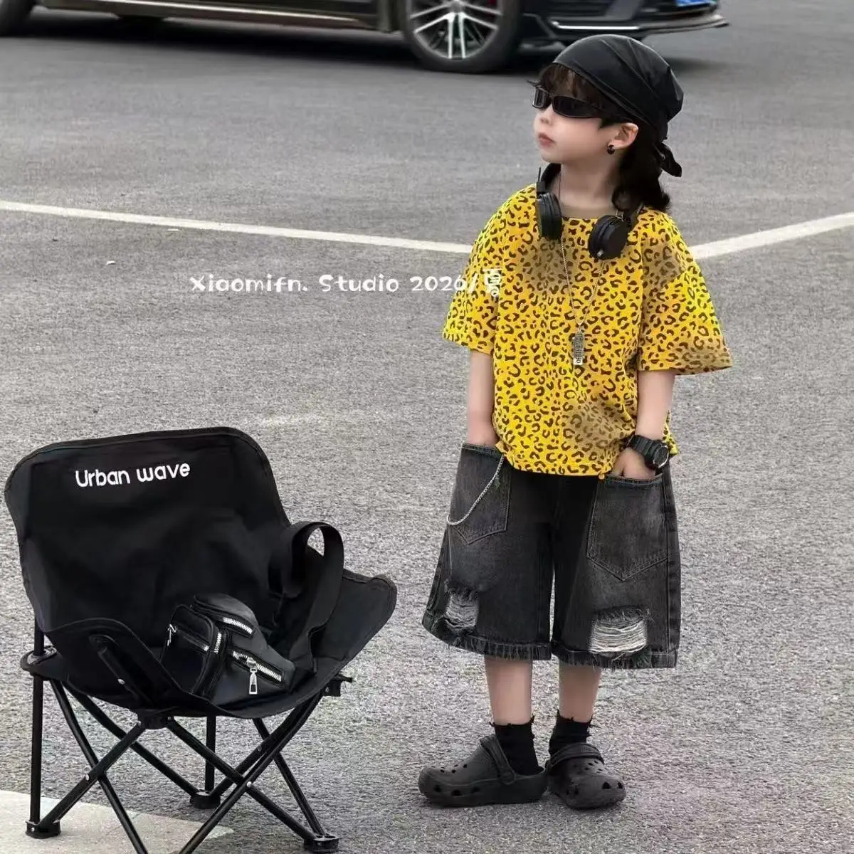 

Boys' Short Sleeve Set 2026 Summer New Leopard Pattern Short Sleeve Piercing Cowboy Shorts Two Piece Set