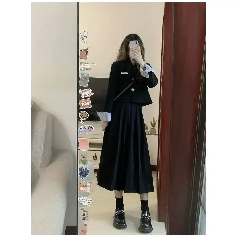 2023 Autumn Fashion Black Long Sleeved Suit Cardigan Jacket A-line Skirt 2pcs Women Korean Jk School Uniform Graduation Gown