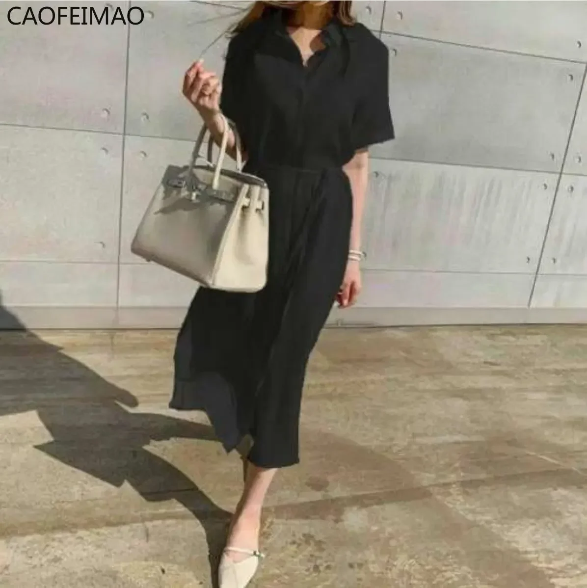 2025 Summer Dress New Fashion Korean Version Streetwear Women Simple Loose Lapels Tie Waist Short Sleeve Shirt Dress Long Skirt
