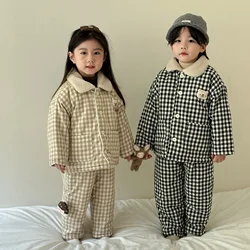 Winter Children Girls 2PCS Clothing Set Thick Warm Fleece Cotton Padded Plaid Kids Boys Homewears Baby Girls Parkas Suit