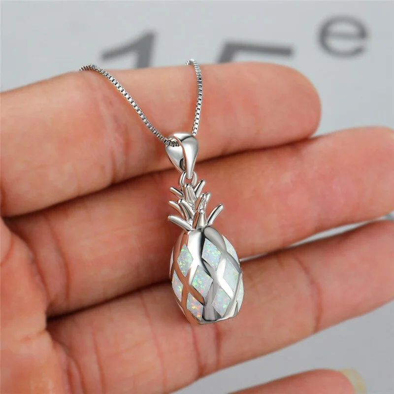 Cute Female Fruit Pineapple Imitation Opal Pendant Necklace Rose Gold Silver Color Chain Necklaces For Women Bridal Wedding