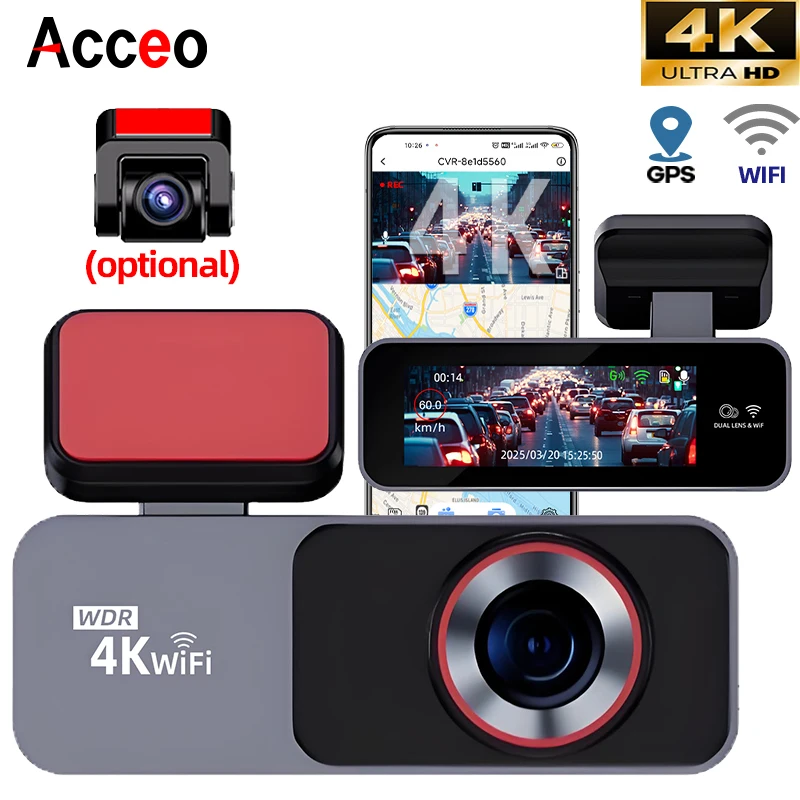 Dash Cam 4K Ultra HD Driving Recorder DVR Night Vision Video Recorder Support GPS WiFi 24 Hours Parking Monitoring