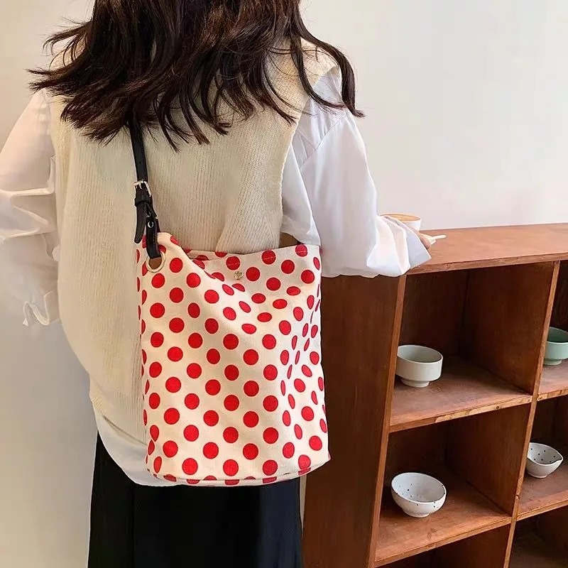 Women Canvas Bucket Bag Fashion Casual Tote Bag Underarm Shoulder Bag Versatile Student Crossbody Polka Dot Bags Large Capacity