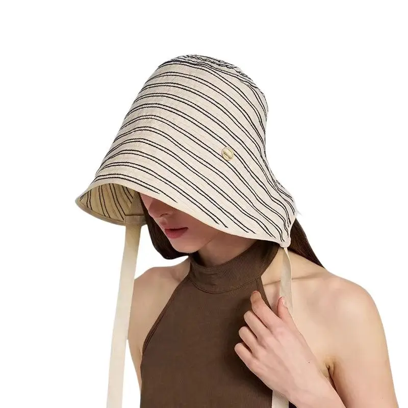 Atmungsaktive gestreifte Leinen-Sonnenschutzmütze mit verstellbarem Kinnband, UV-Schutz für Strandurlaub und Outdoor-Aktivitäten. – Detail 5