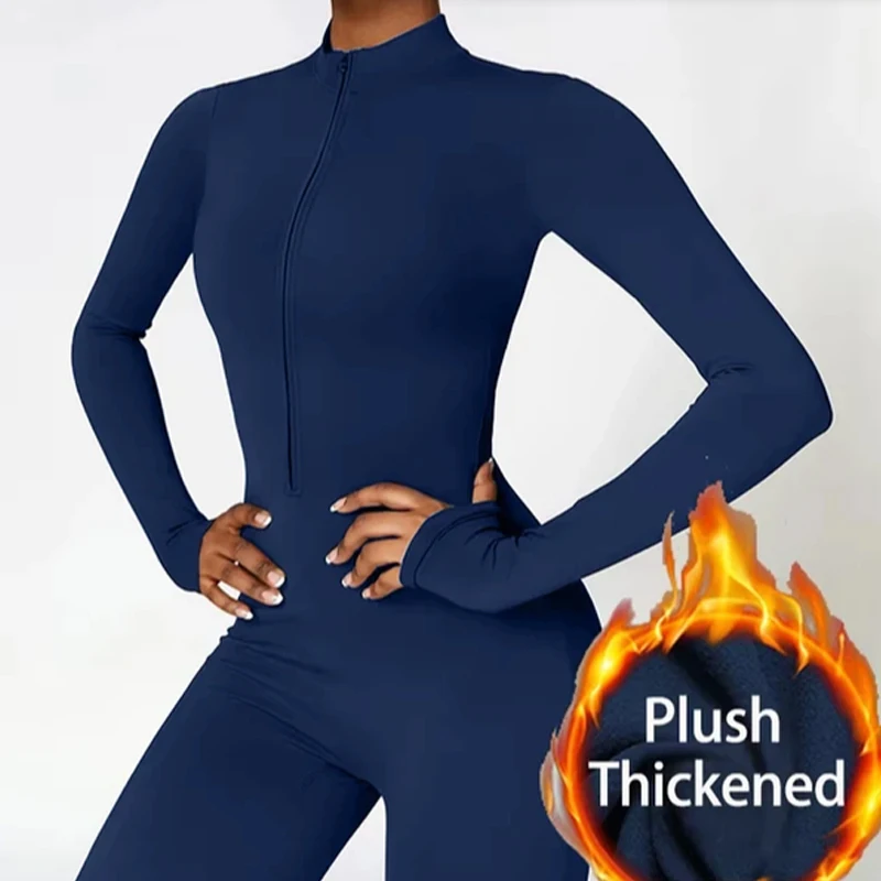 Winter Plush One-Piece Yoga Jumpsuits Sports Suit with Long Sleeves Fitness Sets Warm Gym Wearing Bodysuit Women's Sportswear