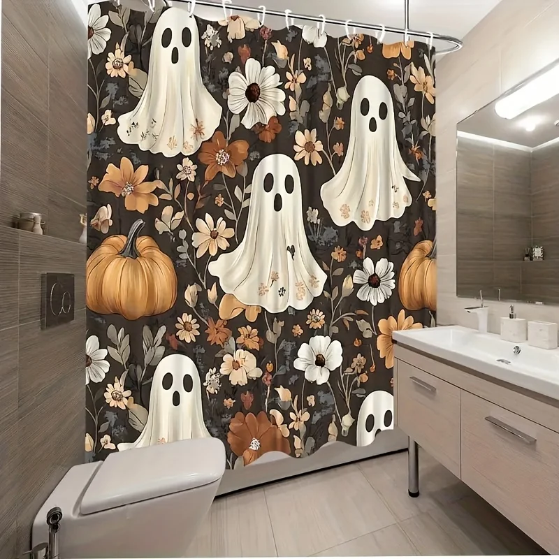 A Ghost And Floral Shower Curtain Featuring Pumpkins, Available in Multiple Sizes - Machine Washable, Halloween Bathroom Decor,