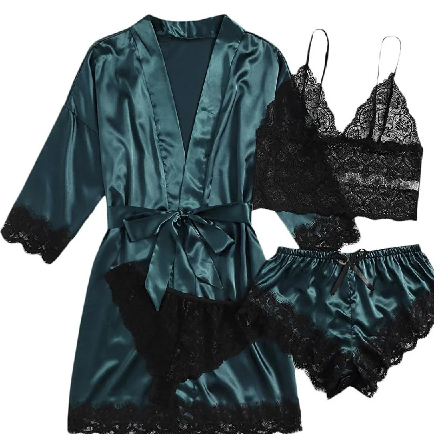 Women's Sleepwear Four-Piece Set Sexy Lingerie plus Size Lace Strap Nightgown Ensemble Adult Toy for Romantic Intimacy