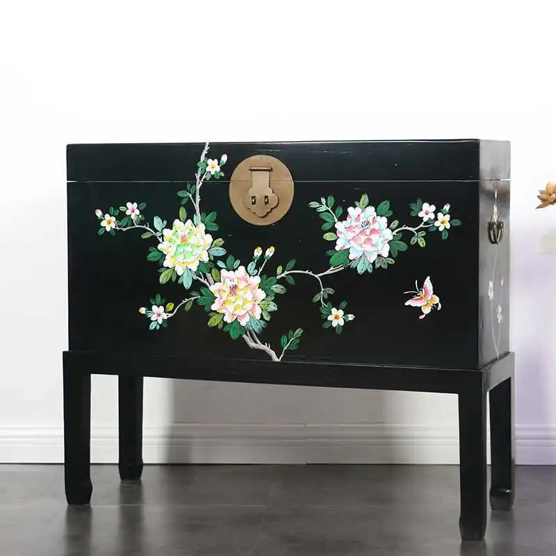 New Chinese antique painted camphor wood box, solid wood storage cabinet, dowry box, locker, calligraphy and painting box