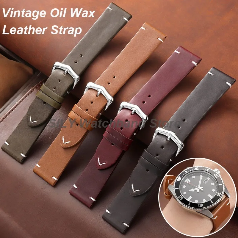 18mm 20mm 22mm 19mm 21mm 24mm Universal Men Women WatchBand Soft Vintage Oil Wax Leather Watch Strap Smartwatch Cowhide Bracelet