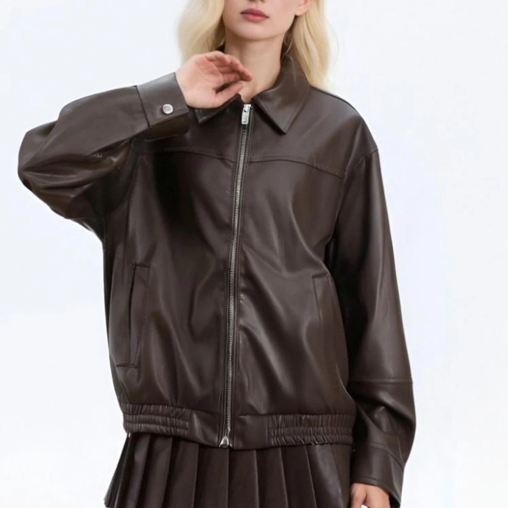 ファッションジャケット女性オートバイスタイルショートコート秋冬服女性長袖ルーズフィット Pu レザー生き抜く