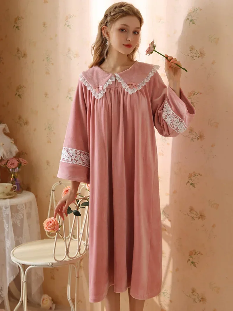 Women Fairy Sleepwear Night Dress Autumn Winter Cute Flannel Long Sleeve Sweet Girl French Princess Fleece Pajama Nightgowns