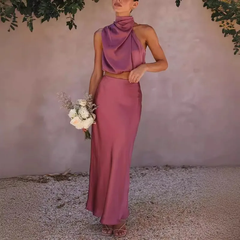 

Костюм-двойка (блузка и юбка) женский, весна-лето, атласный, приталенный, удобный, повседневный, минималистичный, модный, нишевый, универсальный, дизайнерский, премиум-класса