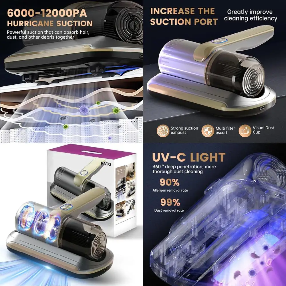 

Беспроводной пылесос UV-C с HEPA-фильтром, всасыванием 12 кПа для матрасов, диванов, автомобилей и ковров — золото