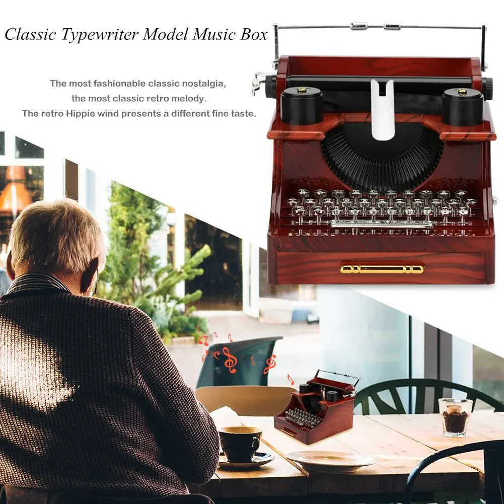 Mini Classic Music Box Typewriter Model 8 Notes Hand Cranked Music Box Clockwork Type Wood Metal for Kids Adults Home Decoration