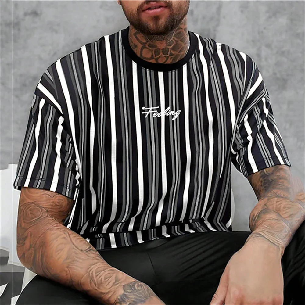 Striped T-Shirt For Men Letters 3d Printed Men\'S Clothing Loose Oversized-Shirt Street Trend Short Sleeved Daily Casual Tees Top