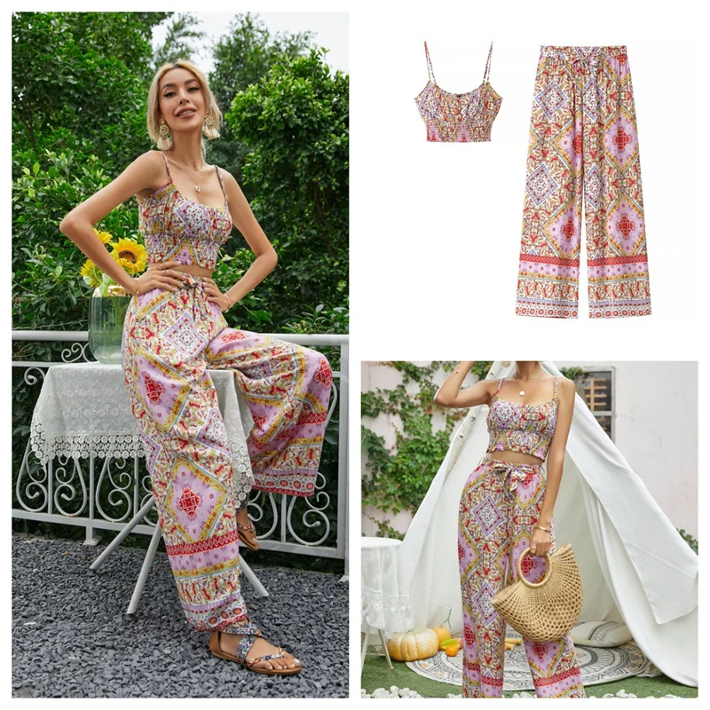 Printed Strap Vest Wide Leg Pants 2 Piece Set Women Slim Sleeveless Backless Crop Top Summer Woman Long Straight Trousers
