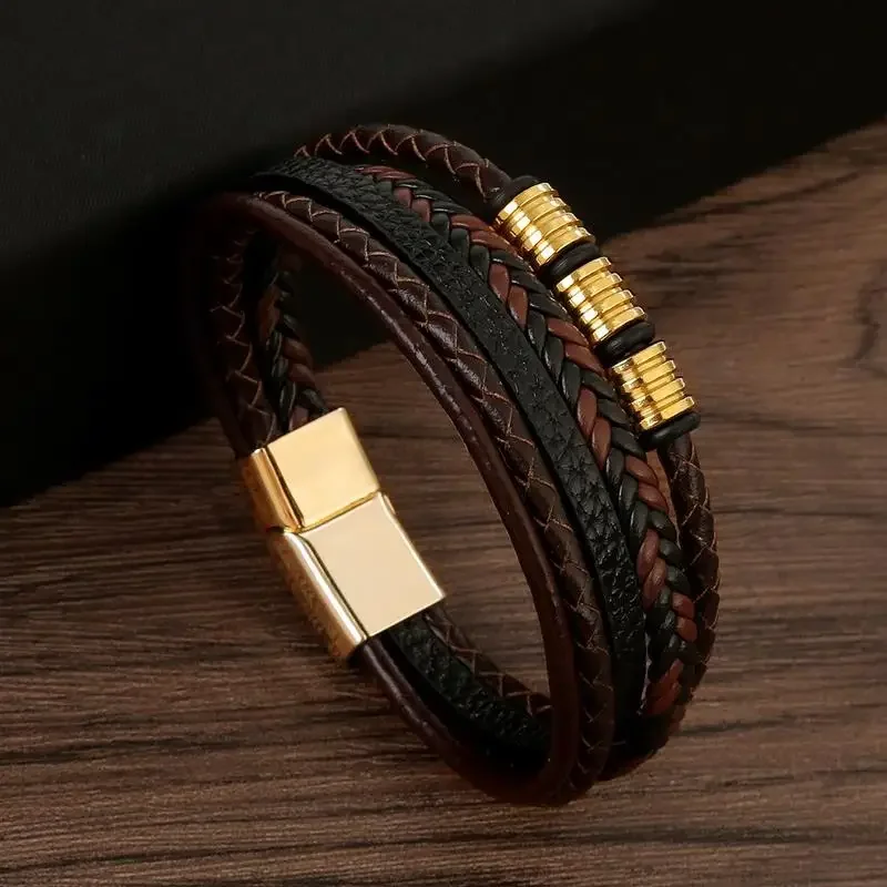 New Luxury Men's Leather Bracelet High Quality Hand-woven Multi-layer Combination Bangle Bracelet for Men Father's Day Gift