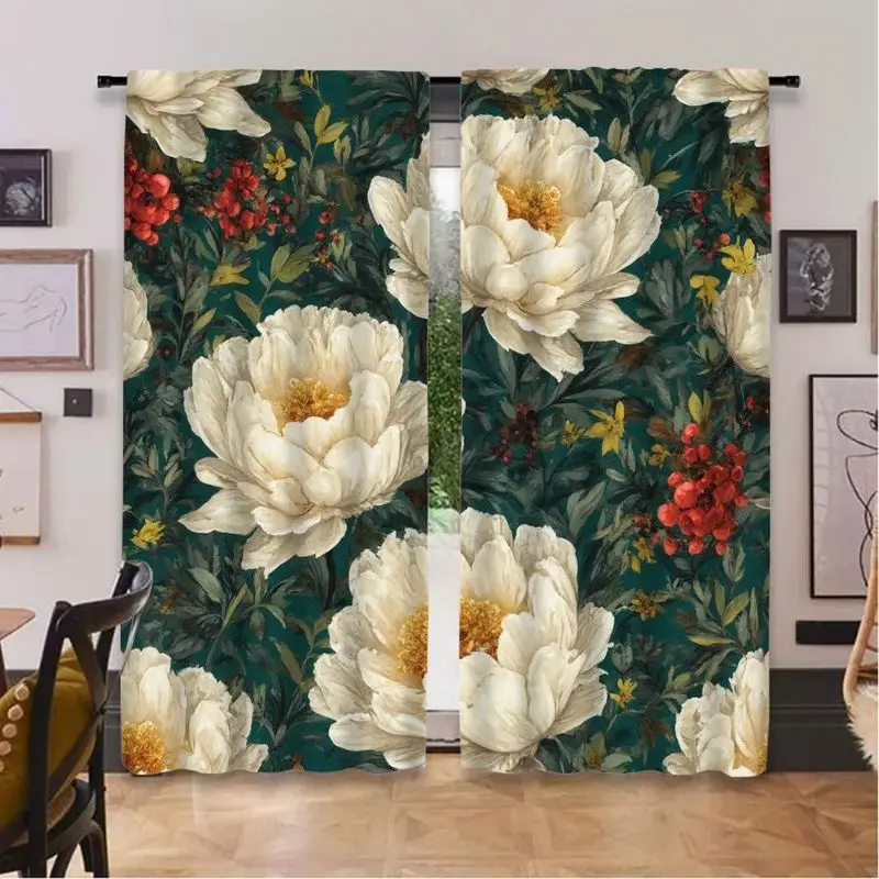 curtain with pattern of peony flowers green leaves, featuring a pole bag design, is suitable for use in living rooms and offices