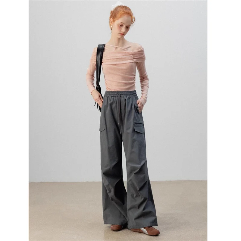 Eggka Solid Color Highwaisted Casual Pants Female Elastic Waist Long Pants Commuter Loose Wide-Legged Pants Gray 2024 Autumn