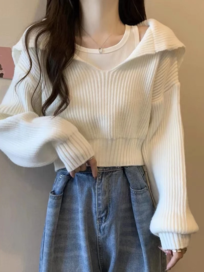 

Thiened Navy Collar Sweater Women Spring Autumn New Loose Lazy ort Knittedwear Long Sve Overhead Warm Fluffy Polyester...