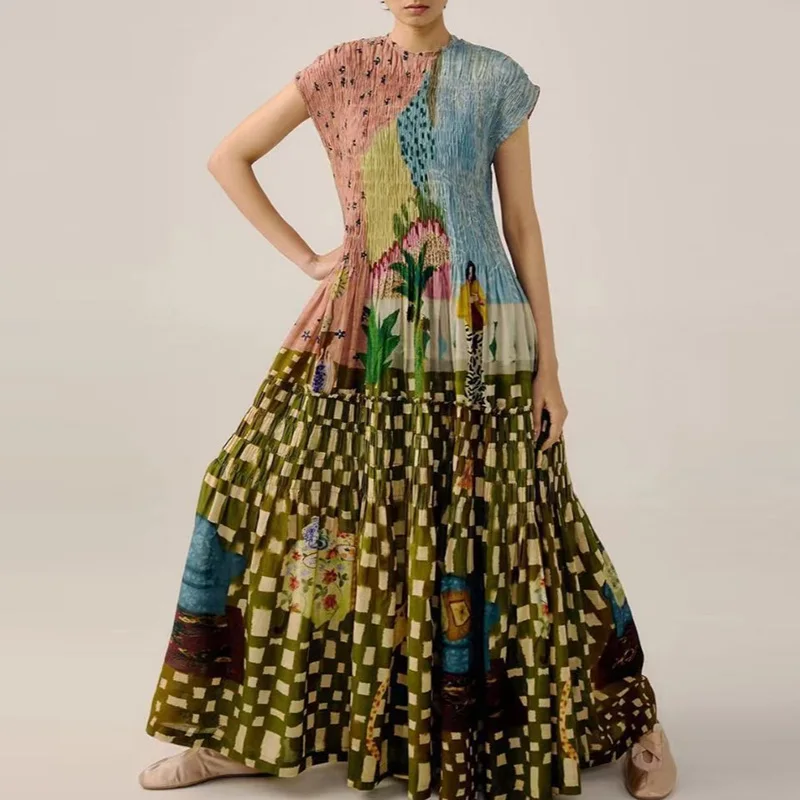 Długa sukienka damska z okrągłym dekoltem i plisowanym dołem, wzór wiosenny 2025, sukienka vintage na przyjęcie, damska sukienka maxi boho z krótkim rękawem i luźnym krojem.