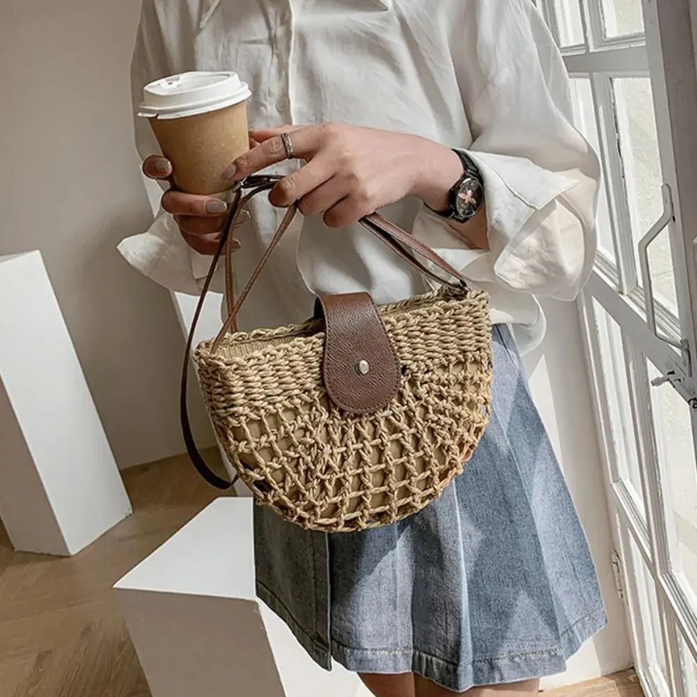 

New Women Summer Straw Bag Fashion Messenger Handbag Semicircle Crossbody Bags Rattan Handmade Travel Hollow Shoulder Bag