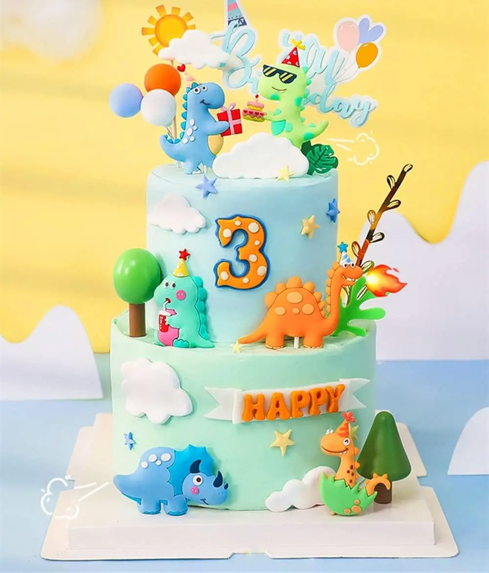 15 Stück Cartoon-Dinosaurier-Kuchenaufsätze, niedliche Dino-Ei-Blätter, Gras, Vulkan-Kuchendekorationen für Kindergeburtstag, Babyparty, Dinosaurier – Detail 6