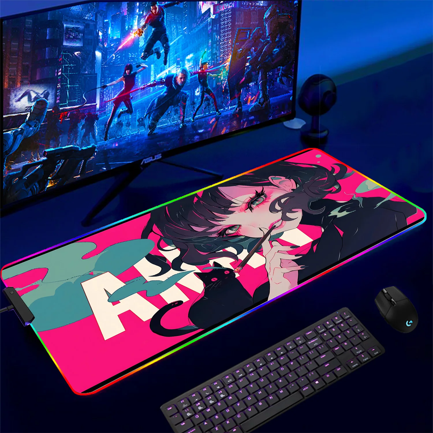 Anime Cigarette Girl RGB Pc Gamer Keyboard Mouse Pad Mousepad LED Glowing Mouse Mats Rubber Gaming Colorful Lumious Mausepad