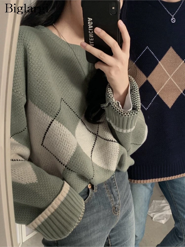 

Вязаный осенне-зимний клетчатый пуловер с принтом, женский корейский свободный модный повседневный женский свитер с длинным рукавом, женский свитер