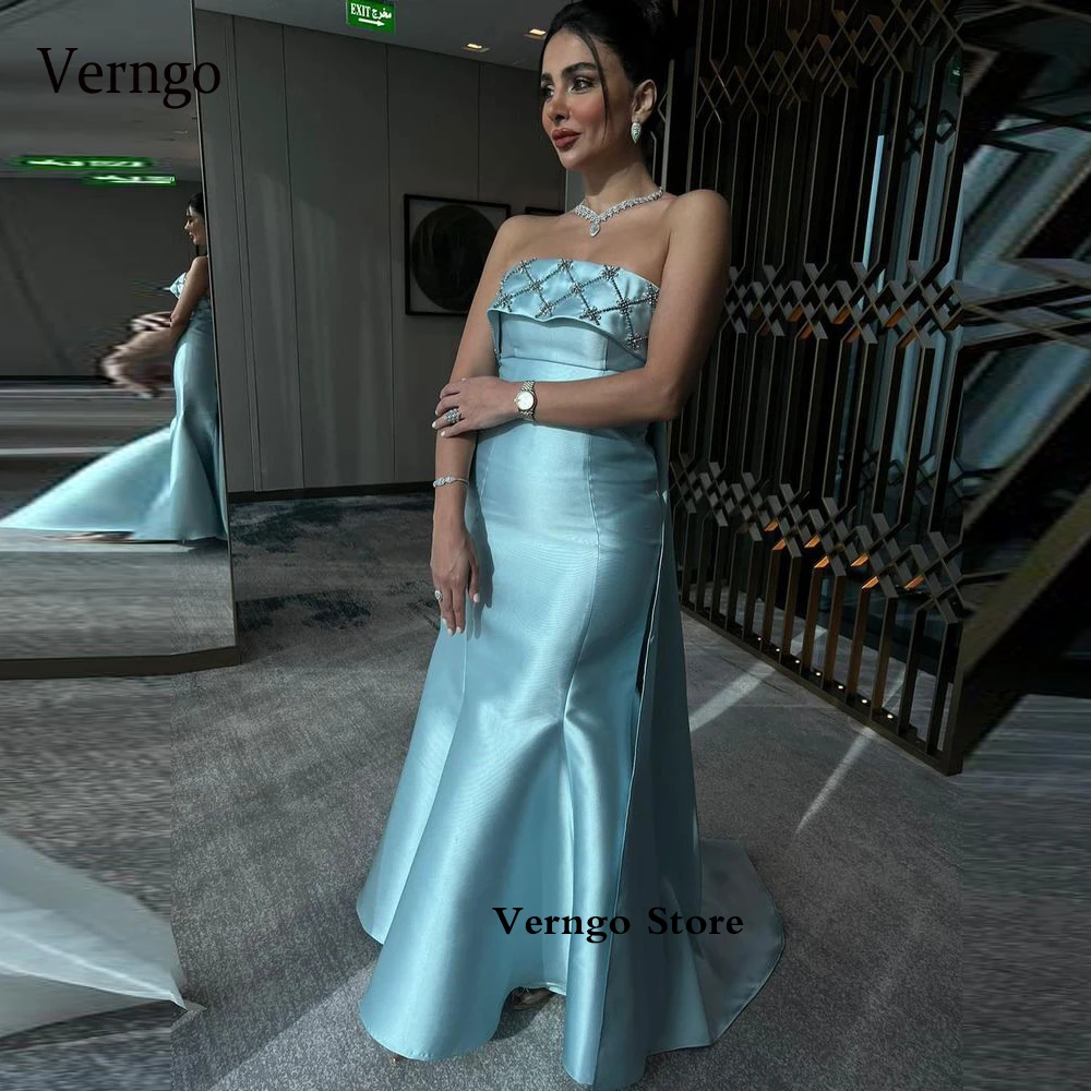 

Verngo Elegant Light Blue Satin Mermaid Evening Dresses Beads Strapless Saudi Arabic Women Long Prom Party Formal Occasion Dress