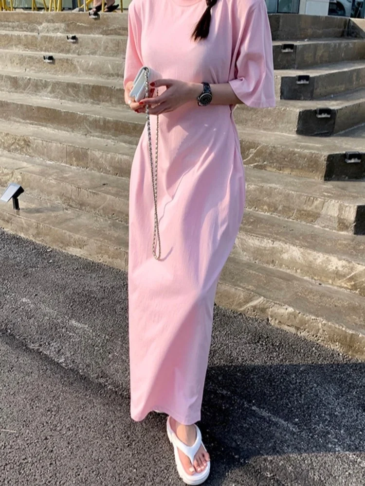 فستان قطني كاجوال بأكمام قصيرة للنساء، فستان صيفي رقيق يشكل الخصر ويرتدي فوق الركبة من القطن الخالص