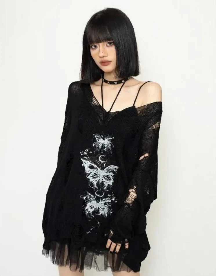 

Butterfly Print Hollow Out Streetwear T-shirts Loose Aesthetic Harajuku Vintage Casual Knitted Tops Women
