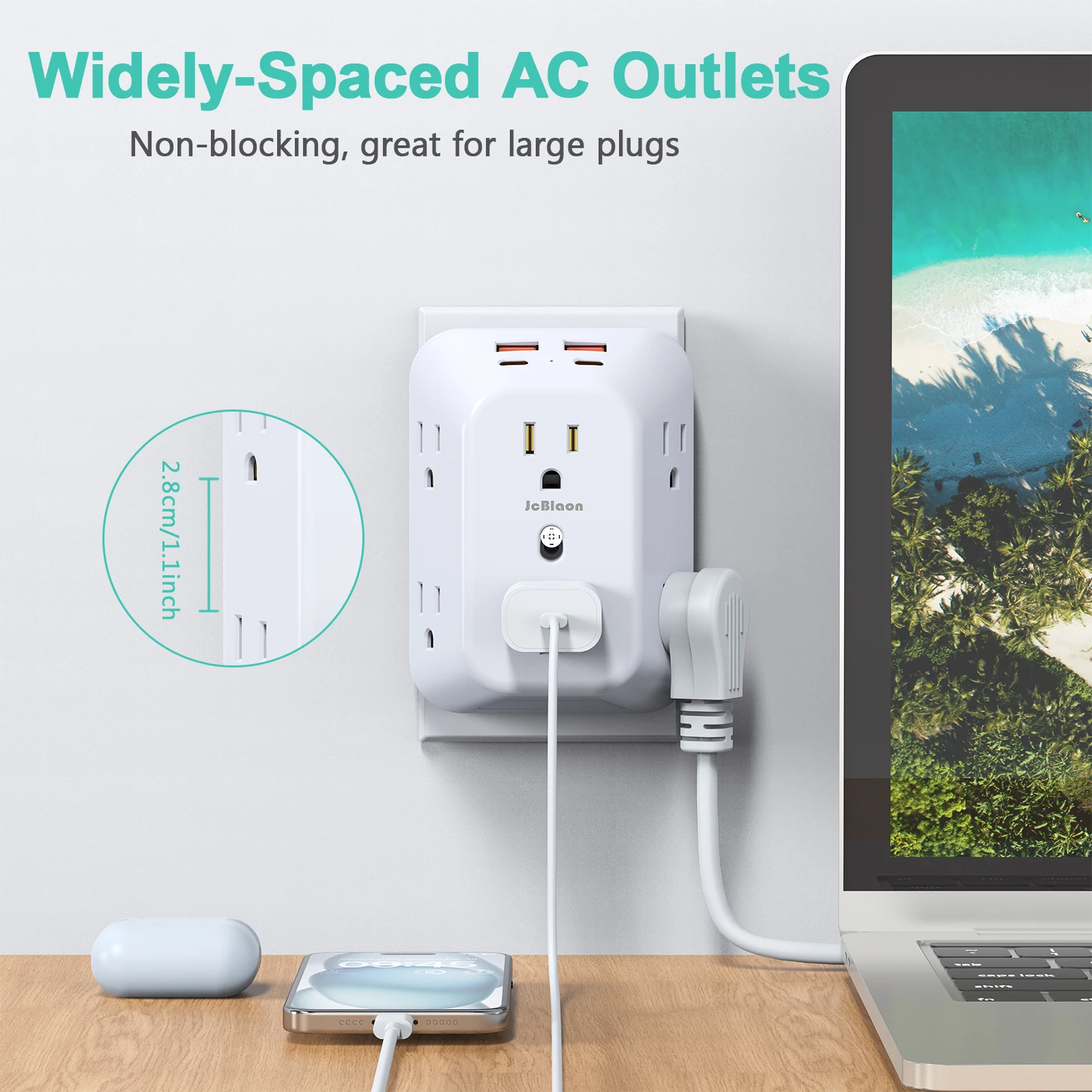 Power Strip USB Wall Charger Surge Protector with 6 Outlet Extender 4 USB Charging Ports (2A2C) , Wall Adapter Spaced for Home - view 5