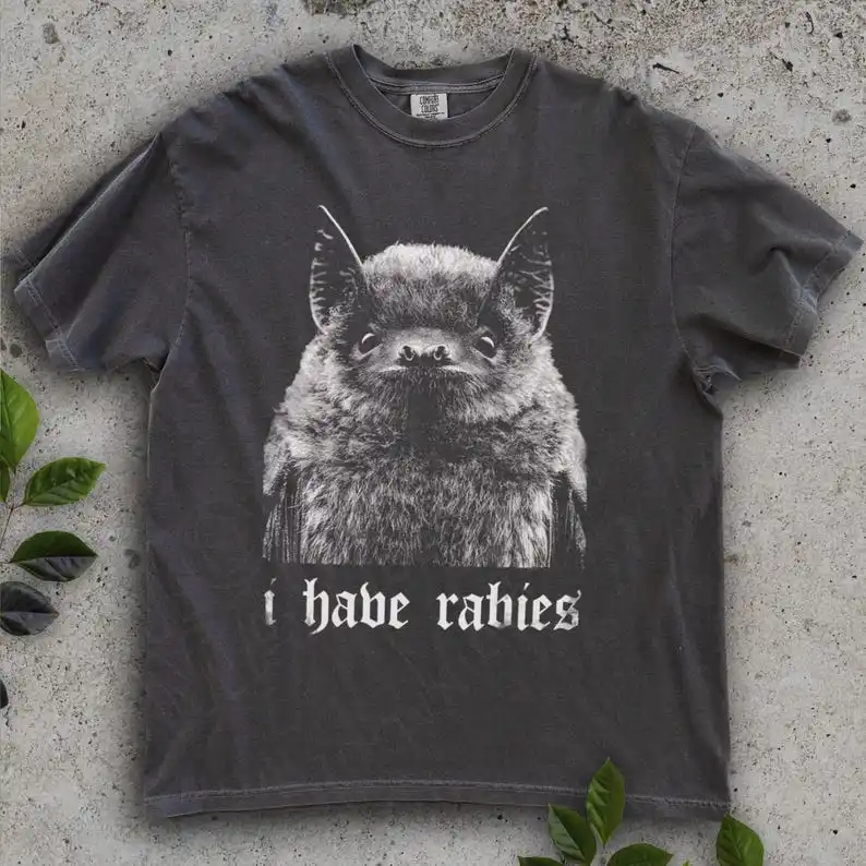 Vintage Bat Dark Humor Graphic T-Shirt (Bat-Rabies Meme Phrase + Distressed Base + Edgy Playful Casual Style) T-shirt