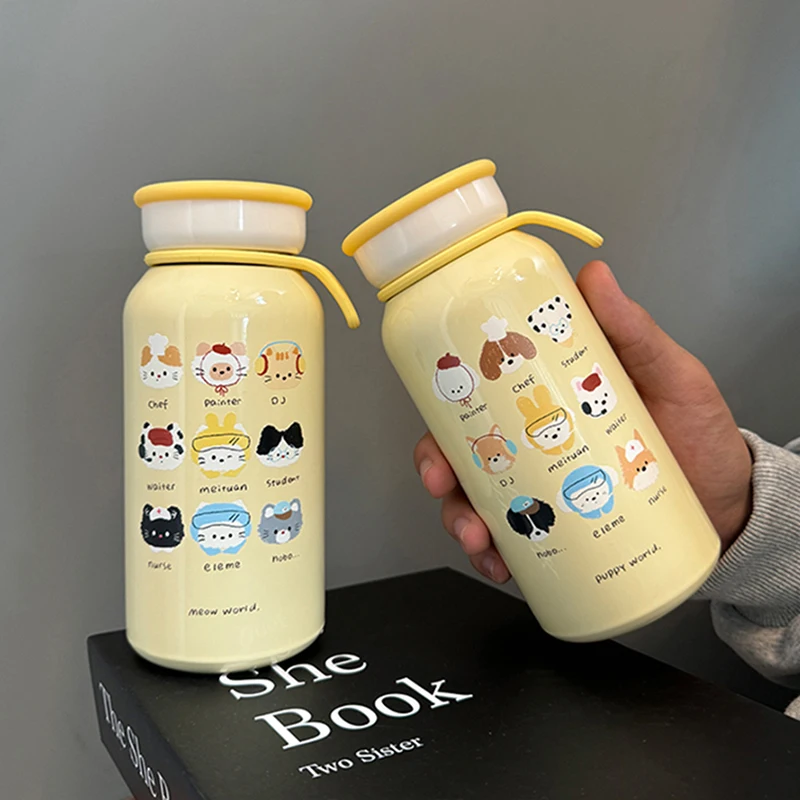 

Cute Cat Coffee Tumbler Kawaii Insulated Water Bottle With Handle Tea Thermal Cup Stainless Steel Kids Girl Thermos Bottle 400ml