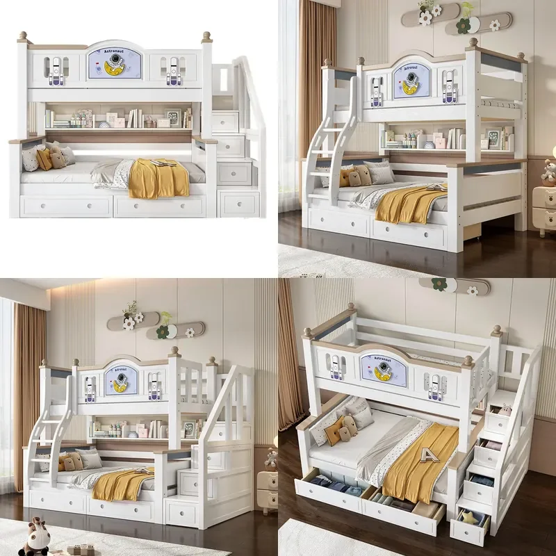 Full Solid Wood Bunk Beds Light Luxury Two Layer High Low Children Bed Separate Mother Child Bed Princess Style for Kids
