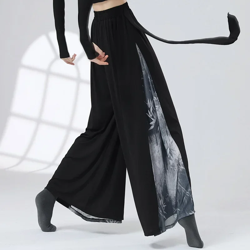 

Modern Classical Dance Ink Ruffles Top Performance Practice Costume Yoga Flowing Bamboo Leaf Printing Cheongsam Wide Leg Pants