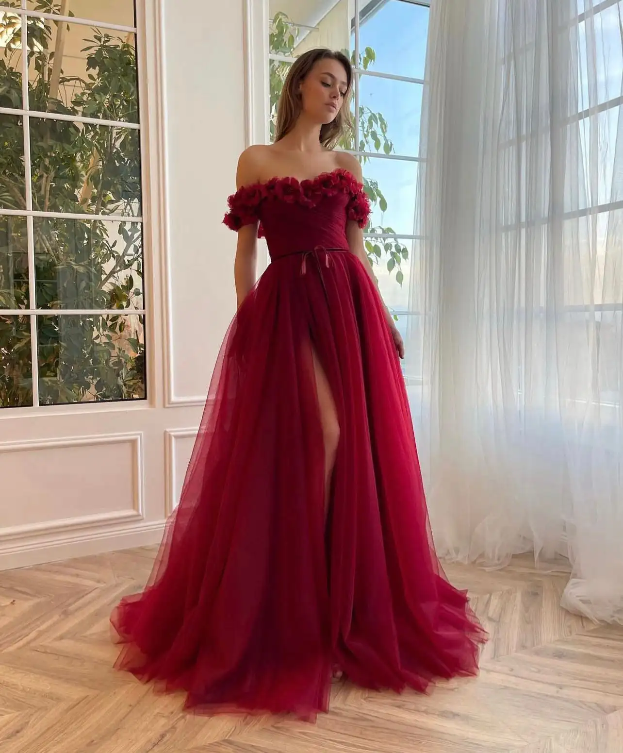 Teens Crimson Cherry Off Shoulder Graduation Dress Long 3d Floral Corset Tulle Homecoming Party Gown For Special Occasions