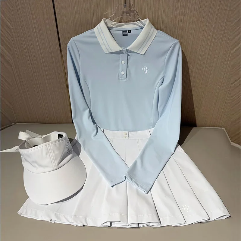 PL Autumn New Golf Polo Shirts Button Lapel Long-sleeved T-shirt Slim Tops Lady A-lined Pleated Golf Skirts with Inner Short