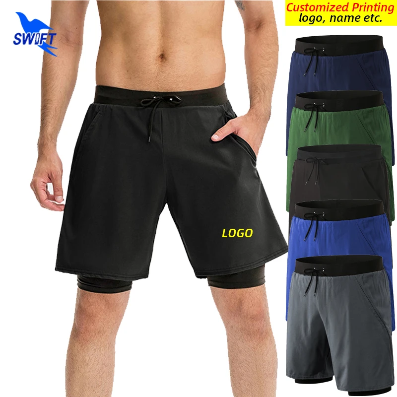 Customize LOGO Men 2 in 1 Running Shorts with Longer Lining Sport Tights Inner Pocket Gym Fitness Bottoms Drawstring Short Pants