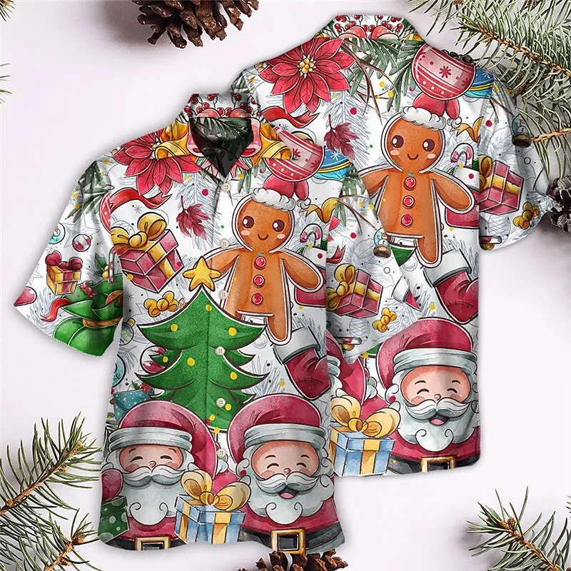 Christmas Men\'s Hawaii Shirt Short Sleeve New Year Xmas 3D Printing Tops Santa Claus Party Beachwear Camping Vacation Apparel