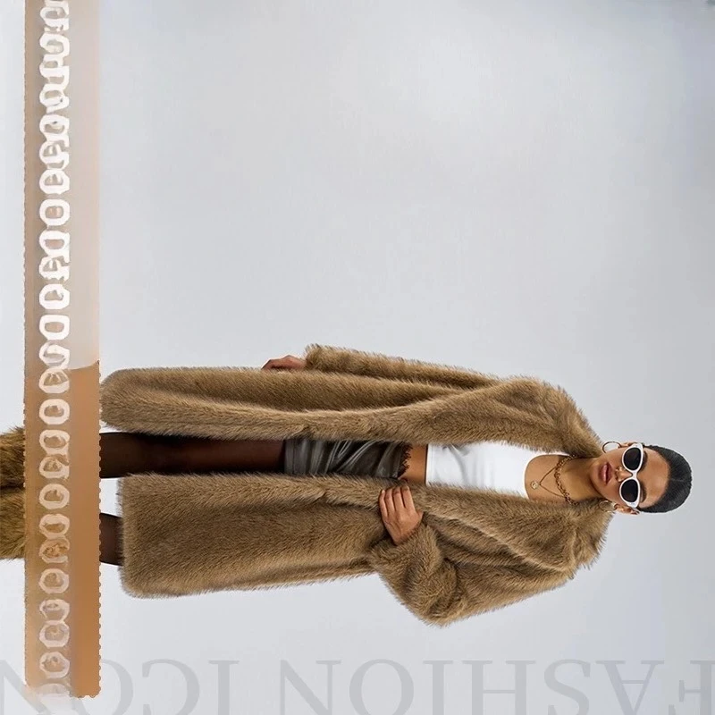 Luxury Brand High Quality Fluffy Soft Fur Jacket Women Long Faux Fur Coat Warm Trench Coat Lapel Design Clothes Winter Outerwear