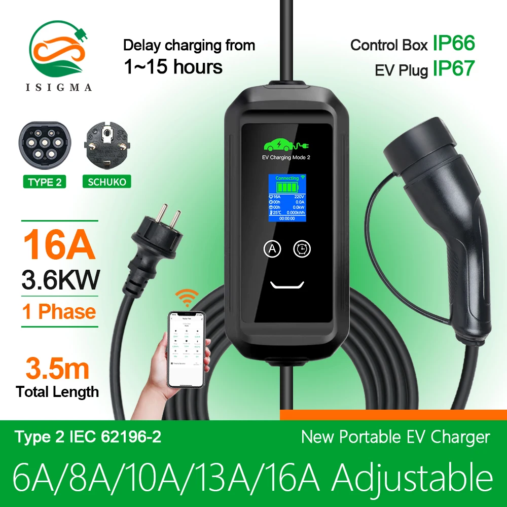 Portable EV Charger Type2 IEC62196-2 16A 3.6kw Tuya APP EVSE Charging Cable Schuko Plug Wallbox for Electric Car With 3.5m
